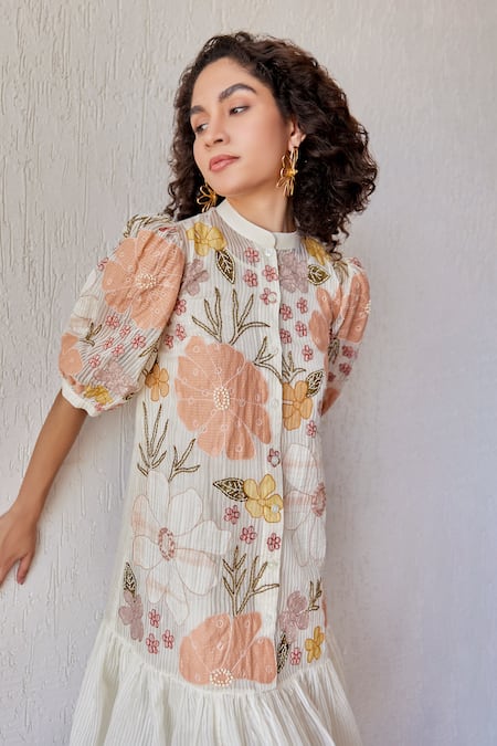 Shop_Khamaj India_White Chanderi, Cotton Embroidery, Applique Mandarin Adrian Hand Short Dress _Online_at_Aza_Fashions