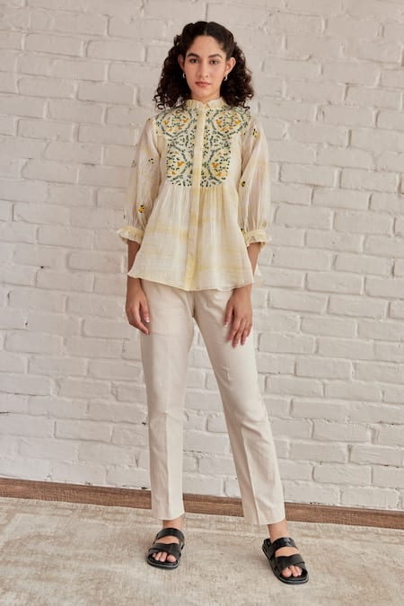Khamaj India_Yellow Chanderi Hand Embroidered Thread Ruffle Bay Top _Online_at_Aza_Fashions
