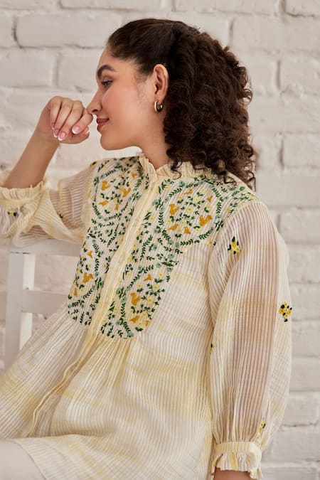 Shop_Khamaj India_Yellow Chanderi Hand Embroidered Thread Ruffle Bay Top _Online_at_Aza_Fashions