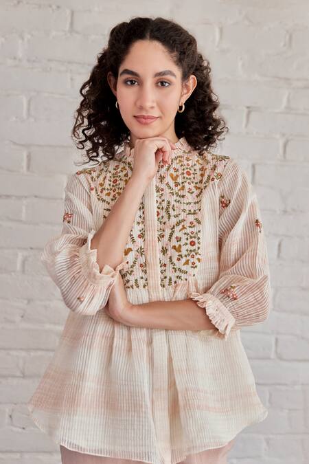 Buy_Khamaj India_Pink Chanderi Hand Embroidered Thread Ruffle Bay Yoke Top _Online_at_Aza_Fashions