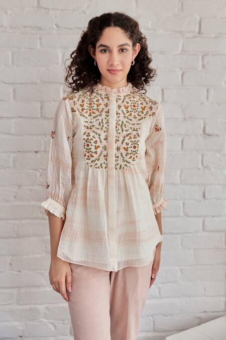 Shop_Khamaj India_Pink Chanderi Hand Embroidered Thread Ruffle Bay Yoke Top _Online_at_Aza_Fashions