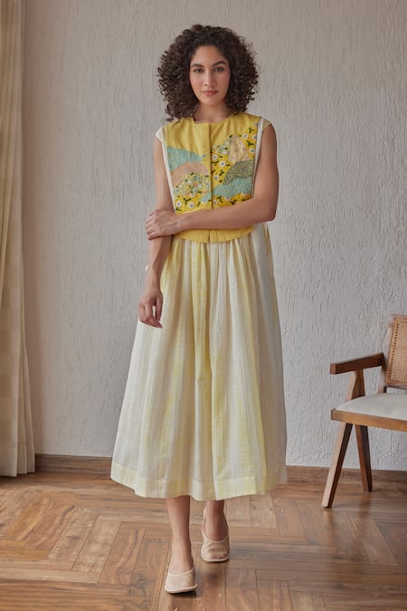 Khamaj India_Yellow Chanderi, Cotton Embroidery Round Neck Dune Dress With Bib _Online_at_Aza_Fashions