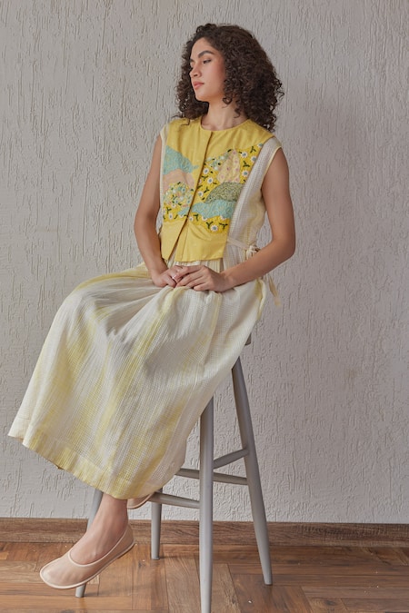 Buy_Khamaj India_Yellow Chanderi, Cotton Embroidery Round Neck Dune Dress With Bib _Online_at_Aza_Fashions