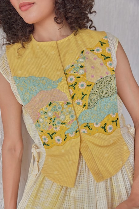 Shop_Khamaj India_Yellow Chanderi, Cotton Embroidery Round Neck Dune Dress With Bib _Online_at_Aza_Fashions