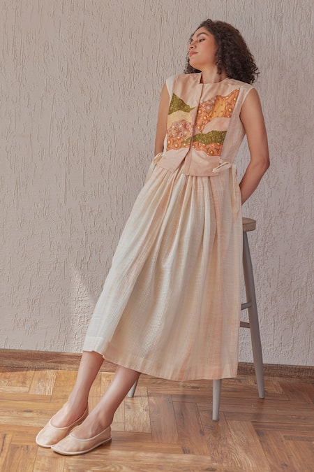 Buy_Khamaj India_Pink Chanderi, Cotton Embroidery, Applique Round Neck Dune Dress With Hand Bib _Online_at_Aza_Fashions