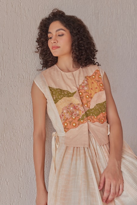 Shop_Khamaj India_Pink Chanderi, Cotton Embroidery, Applique Round Neck Dune Dress With Hand Bib _Online_at_Aza_Fashions