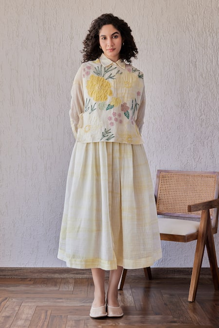 Khamaj India_Yellow Chanderi, Cotton Embroidery Collared Dylan Dress _Online_at_Aza_Fashions