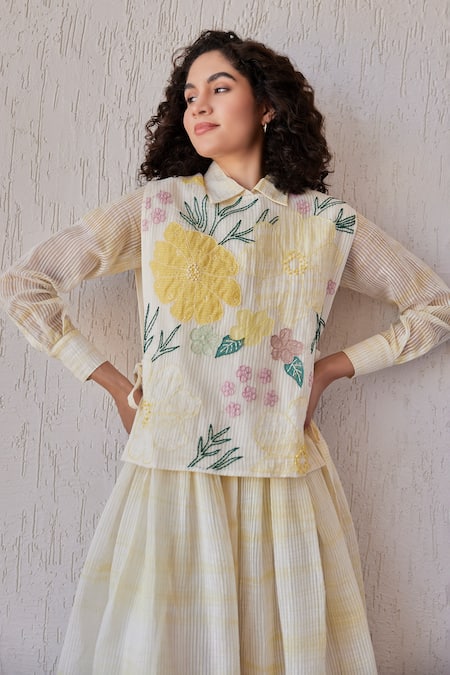 Shop_Khamaj India_Yellow Chanderi, Cotton Embroidery Collared Dylan Dress _Online_at_Aza_Fashions