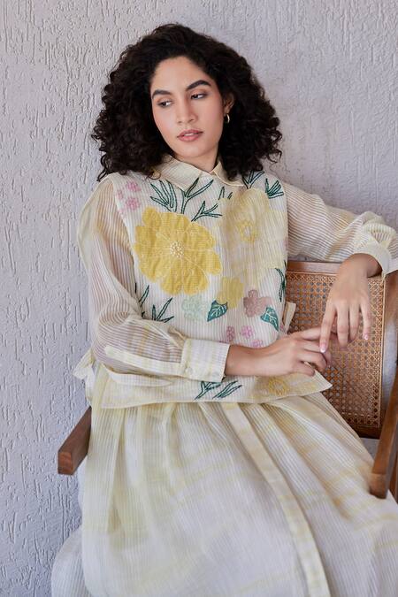 Khamaj India_Yellow Chanderi, Cotton Embroidery Collared Dylan Dress _at_Aza_Fashions