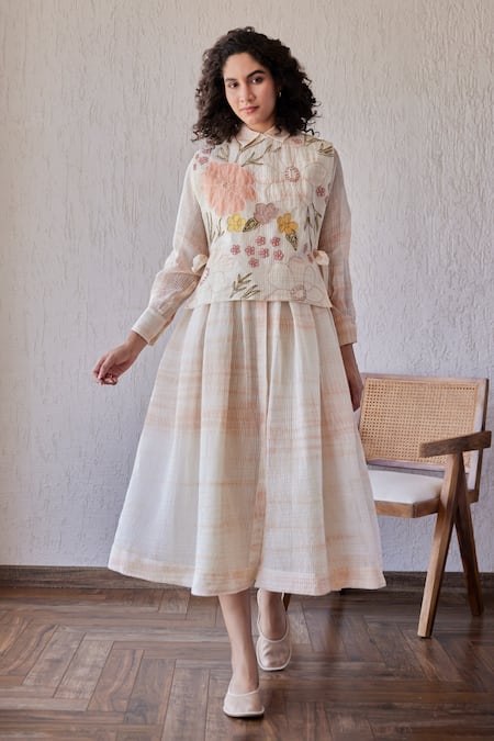 Khamaj India_Ivory Chanderi, Cotton Embroidery Collared Dylan Midi Dress _Online_at_Aza_Fashions