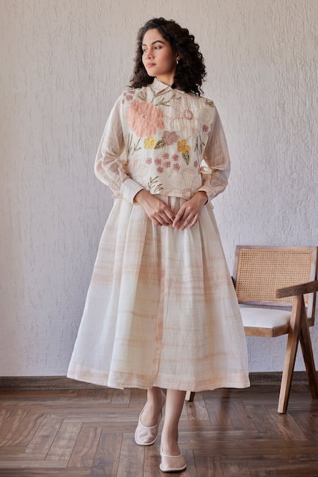 Buy_Khamaj India_Ivory Chanderi, Cotton Embroidery Collared Dylan Midi Dress _Online_at_Aza_Fashions
