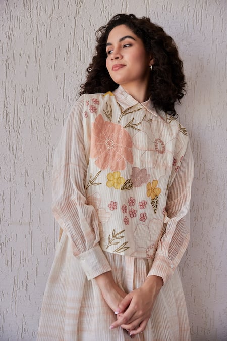 Shop_Khamaj India_Ivory Chanderi, Cotton Embroidery Collared Dylan Midi Dress _Online_at_Aza_Fashions