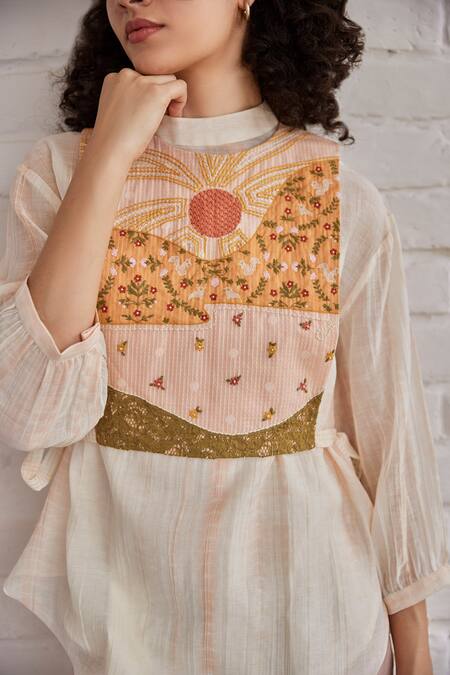 Shop Khamaj India Pink Top And Bib Chanderi Hand Embroidered Scenic Top High Grace With Online at Aza Fashions Shop_Khamaj India_Pink Top And Bib Chanderi Hand Embroidered Scenic Top High Grace With _Online_at_Aza_Fashions