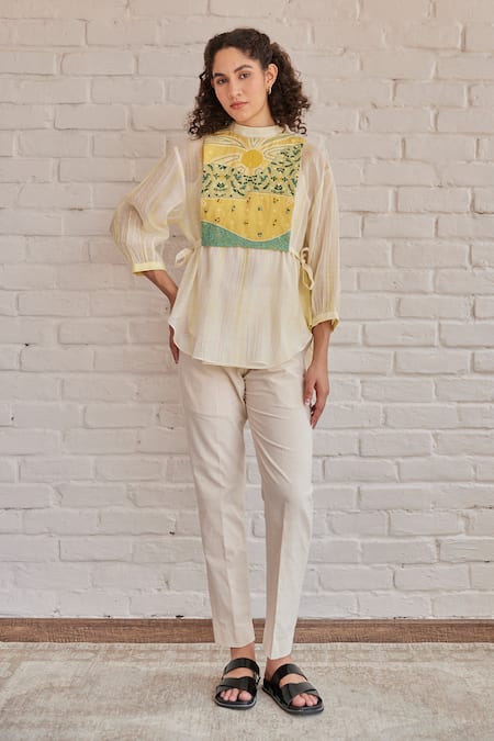 Khamaj India_Yellow Top And Bib Chanderi Hand Embroidered Scenic Top High Grace With _Online_at_Aza_Fashions