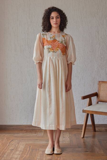 Khamaj India_Pink Chanderi Hand Embroidered Applique Round Marina Yoke Midi Dress _Online_at_Aza_Fashions