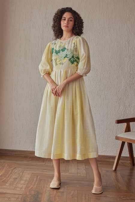 Khamaj India Yellow Chanderi Hand Embroidered Applique Round Marina Yoke Dress 