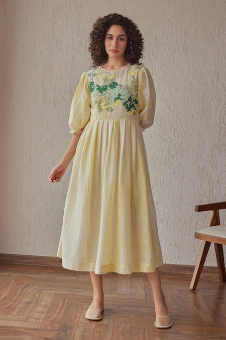 Khamaj India_Yellow Chanderi, Cotton Embroidery, Applique Round Neck Marina Hand Yoke Dress _Online_at_Aza_Fashions