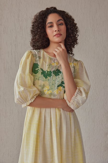 Buy_Khamaj India_Yellow Chanderi, Cotton Embroidery, Applique Round Neck Marina Hand Yoke Dress _Online_at_Aza_Fashions