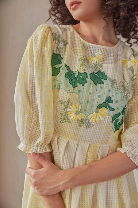 Shop_Khamaj India_Yellow Chanderi, Cotton Embroidery, Applique Round Neck Marina Hand Yoke Dress _Online_at_Aza_Fashions