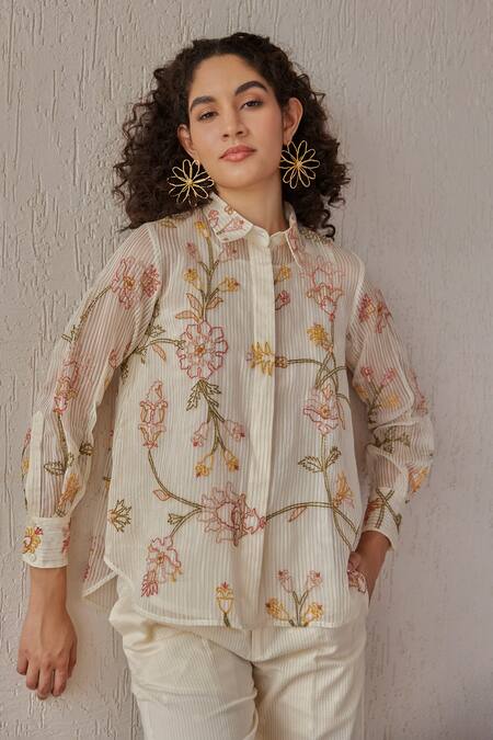 Buy_Khamaj India_White Chanderi Hand Embroidered Floral Collared Tess Shirt _Online_at_Aza_Fashions