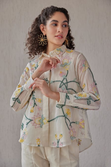 Buy_Khamaj India_White Chanderi Hand Embroidered Floral Collared Tess Shirt _Online_at_Aza_Fashions