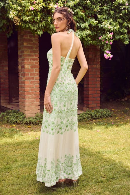 Shop Jade By Ashima Green Heavy Dull Crepe Printed Basil Breeze Front Cut Pattern Embroidered Dress at Aza Fashions Shop_Jade By Ashima_Green Heavy Dull Crepe Printed Basil Breeze Front Cut Pattern Embroidered Dress _at_Aza_Fashions