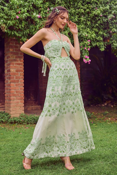 Buy Jade By Ashima Green Heavy Dull Crepe Printed Basil Breeze Front Cut Pattern Embroidered Dress Online at Aza Fashions Buy_Jade By Ashima_Green Heavy Dull Crepe Printed Basil Breeze Front Cut Pattern Embroidered Dress _Online_at_Aza_Fashions