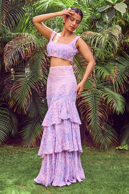 Shop Jade By Ashima Purple Heavy Dull Crepe Printed Floral Square Bell Bloom Tiered Skirt Set at Aza Fashions Shop_Jade By Ashima_Purple Heavy Dull Crepe Printed Floral Square Bell Bloom Tiered Skirt Set _at_Aza_Fashions