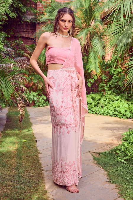 Jade By Ashima_Pink Crepe Pearls Round Neck Dahlia Floral Print Pre-draped Saree With Blouse _Online_at_Aza_Fashions