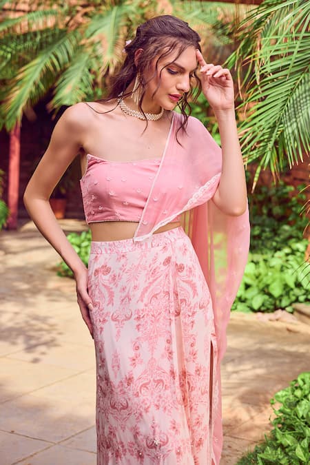 Shop_Jade By Ashima_Pink Crepe Pearls Round Neck Dahlia Floral Print Pre-draped Saree With Blouse _Online_at_Aza_Fashions