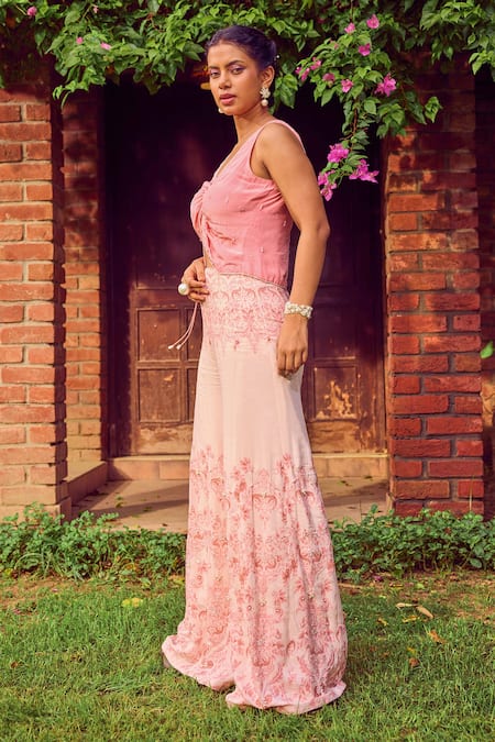 Jade By Ashima Pink Crepe, Cotton Embroidery, Pearls Fleur Fantasia Floral Print Pant Set Online at Aza Fashions Jade By Ashima_Pink Crepe, Cotton Embroidery, Pearls Fleur Fantasia Floral Print Pant Set _Online_at_Aza_Fashions