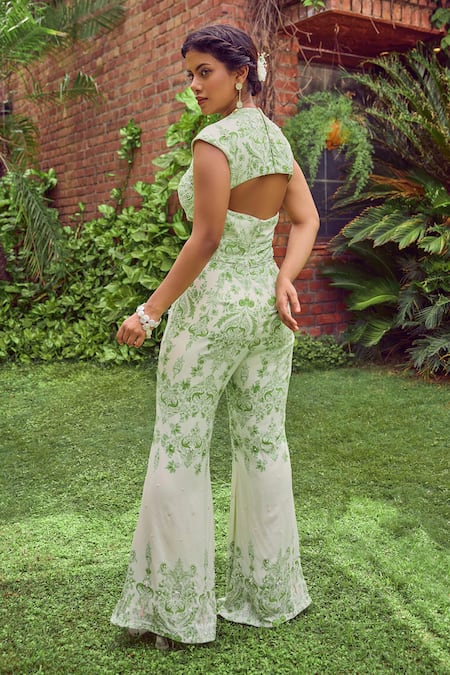 Shop Jade By Ashima Green Heavy Dull Crepe Printed Floral V Neck Ivy Grace Front Cut Jumpsuit at Aza Fashions Shop_Jade By Ashima_Green Heavy Dull Crepe Printed Floral V Neck Ivy Grace Front Cut Jumpsuit _at_Aza_Fashions