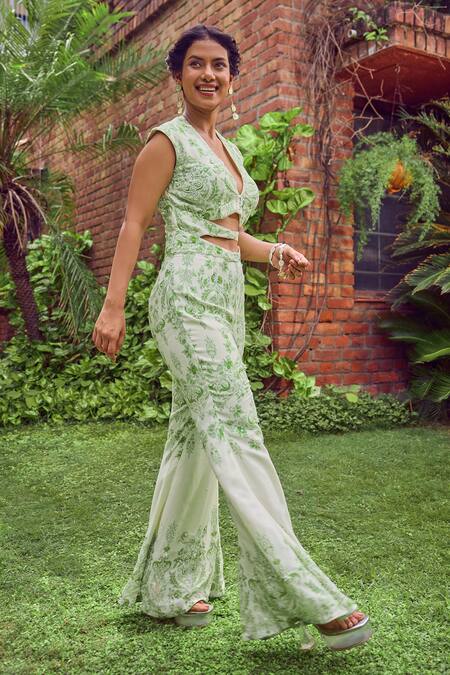 Shop Jade By Ashima Green Heavy Dull Crepe Printed Floral V Neck Ivy Grace Front Cut Jumpsuit Online at Aza Fashions Shop_Jade By Ashima_Green Heavy Dull Crepe Printed Floral V Neck Ivy Grace Front Cut Jumpsuit _Online_at_Aza_Fashions
