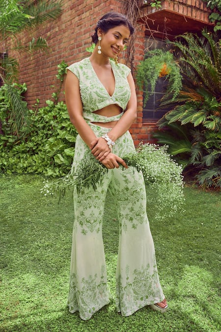 Jade By Ashima Green Heavy Dull Crepe Printed Floral V Neck Ivy Grace Front Cut Jumpsuit at Aza Fashions Jade By Ashima_Green Heavy Dull Crepe Printed Floral V Neck Ivy Grace Front Cut Jumpsuit _at_Aza_Fashions