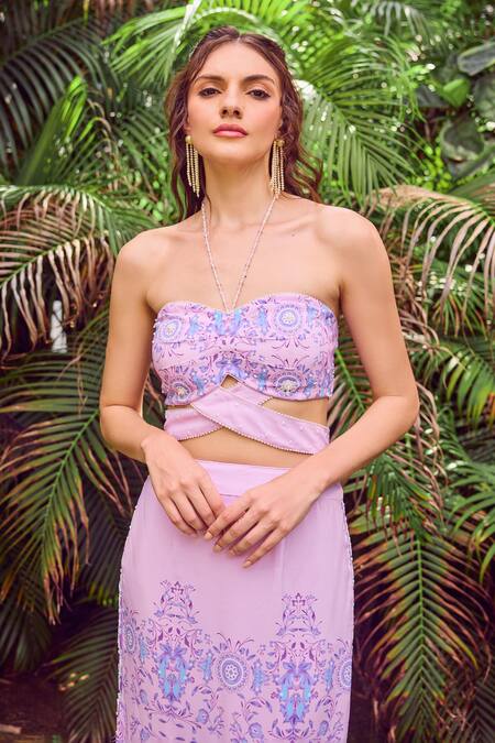 Jade By Ashima Purple Heavy Dull Crepe Printed Floral Sweetheart Strap Ivy Skirt Set Online at Aza Fashions Jade By Ashima_Purple Heavy Dull Crepe Printed Floral Sweetheart Strap Ivy Skirt Set _Online_at_Aza_Fashions