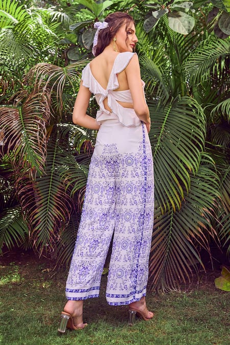 Shop Jade By Ashima Purple Heavy Dull Crepe Printed Floral V Neck Lagoon Ruffled Crop Top And Pant Set at Aza Fashions Shop_Jade By Ashima_Purple Heavy Dull Crepe Printed Floral V Neck Lagoon Ruffled Crop Top And Pant Set _at_Aza_Fashions