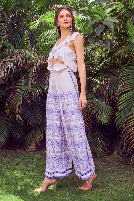 Jade By Ashima Purple Heavy Dull Crepe Printed Floral V Neck Lagoon Ruffled Crop Top And Pant Set Online at Aza Fashions Jade By Ashima_Purple Heavy Dull Crepe Printed Floral V Neck Lagoon Ruffled Crop Top And Pant Set _Online_at_Aza_Fashions