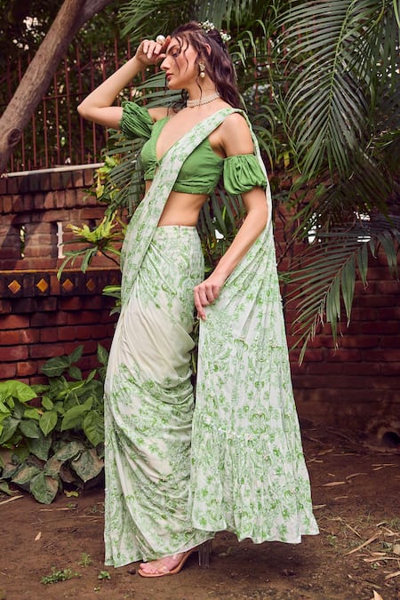 Jade By Ashima Lush Leafage Floral Print Pre-Draped Saree With Blouse 