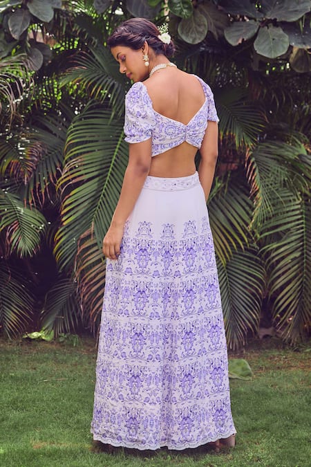 Shop Jade By Ashima Blue Cotton, Chiffon Pearls, Midnight Meadow Floral Print Crop Top And Skirt Set at Aza Fashions Shop_Jade By Ashima_Blue Cotton, Chiffon Pearls, Midnight Meadow Floral Print Crop Top And Skirt Set _at_Aza_Fashions