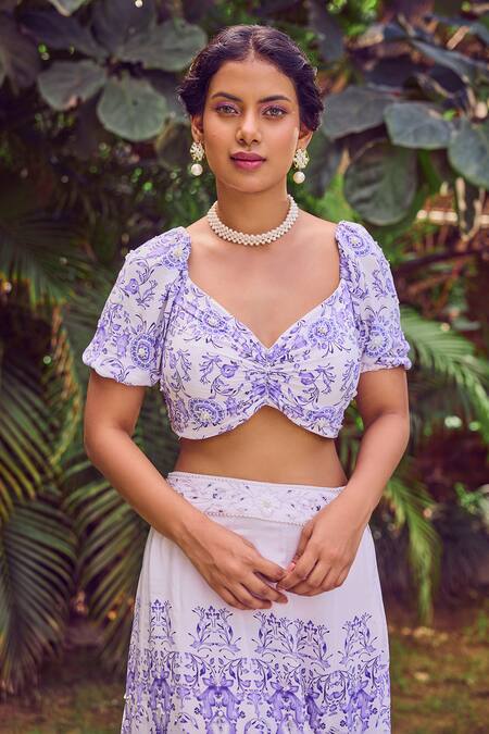 Buy Jade By Ashima Blue Cotton, Chiffon Pearls, Midnight Meadow Floral Print Crop Top And Skirt Set Online at Aza Fashions Buy_Jade By Ashima_Blue Cotton, Chiffon Pearls, Midnight Meadow Floral Print Crop Top And Skirt Set _Online_at_Aza_Fashions