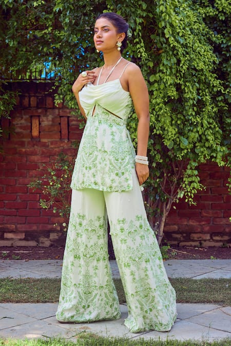 Jade By Ashima_Green Satin, Crepe Embroidery, Pearls Oasis Floral Print Kurta And Sharara Set _Online_at_Aza_Fashions