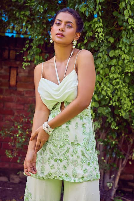 Buy_Jade By Ashima_Green Satin, Crepe Embroidery, Pearls Oasis Floral Print Kurta And Sharara Set _Online_at_Aza_Fashions