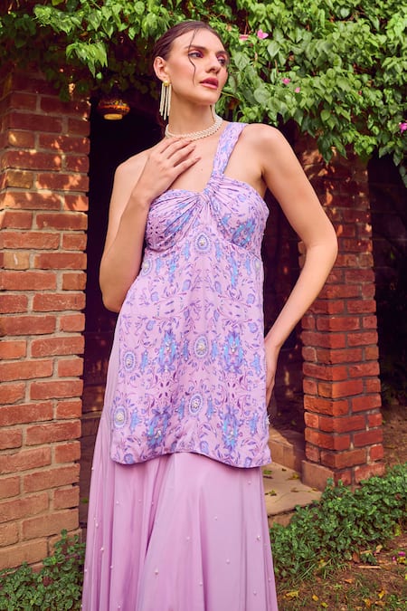 Jade By Ashima_Purple Crepe Pearls, Embroidery One Peony Paradise Printed Kurta And Sharara Set _Online_at_Aza_Fashions