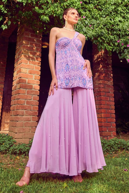 Buy_Jade By Ashima_Purple Crepe Pearls, Embroidery One Peony Paradise Printed Kurta And Sharara Set _Online_at_Aza_Fashions