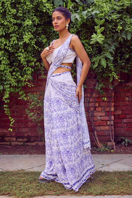 Jade By Ashima Periwinkle Petals Printed Pre-Draped Saree With Blouse 