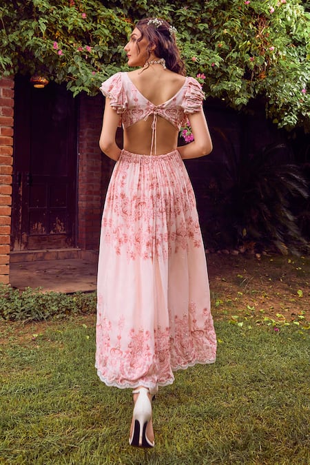 Shop Jade By Ashima Pink Cotton Embroidery, Crystals V-neck Poppy Frills Ruffled Dress at Aza Fashions Shop_Jade By Ashima_Pink Cotton Embroidery, Crystals V-neck Poppy Frills Ruffled Dress _at_Aza_Fashions