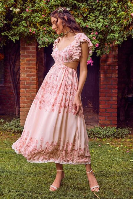 Jade By Ashima Pink Cotton Embroidery, Crystals V-neck Poppy Frills Ruffled Dress Online at Aza Fashions Jade By Ashima_Pink Cotton Embroidery, Crystals V-neck Poppy Frills Ruffled Dress _Online_at_Aza_Fashions