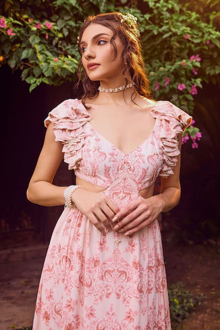 Buy Jade By Ashima Pink Cotton Embroidery, Crystals V-neck Poppy Frills Ruffled Dress Online at Aza Fashions Buy_Jade By Ashima_Pink Cotton Embroidery, Crystals V-neck Poppy Frills Ruffled Dress _Online_at_Aza_Fashions