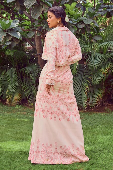 Shop Jade By Ashima Pink Satin, Crepe, Cotton Pearls, Rosebud Ensemble Floral Print Skirt Set at Aza Fashions Shop_Jade By Ashima_Pink Satin, Crepe, Cotton Pearls, Rosebud Ensemble Floral Print Skirt Set _at_Aza_Fashions