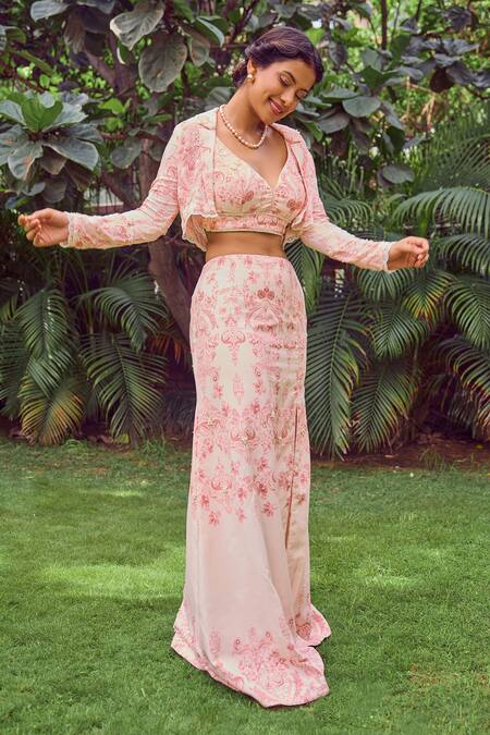 Jade By Ashima Pink Satin, Crepe, Cotton Pearls, Rosebud Ensemble Floral Print Skirt Set Online at Aza Fashions Jade By Ashima_Pink Satin, Crepe, Cotton Pearls, Rosebud Ensemble Floral Print Skirt Set _Online_at_Aza_Fashions